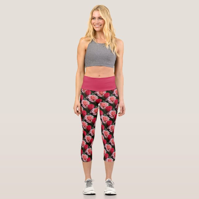 Leggings Capri Patrón floral rosado rojo rosado de los Rosas (Anverso)
