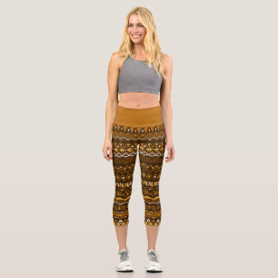 Leggings Capri Patrón folclórico dibujado a mano en tonos marrone