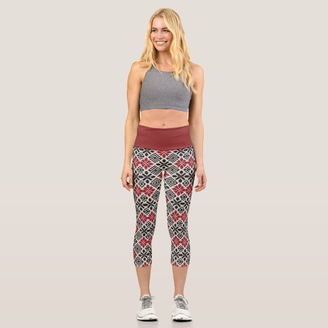 Leggings Capri Patrón folclórico geométrico keffiyeh blanco rojo (Anverso)