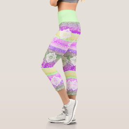Leggings Capri Patrón Funky Floral Purple Lime Green Strips