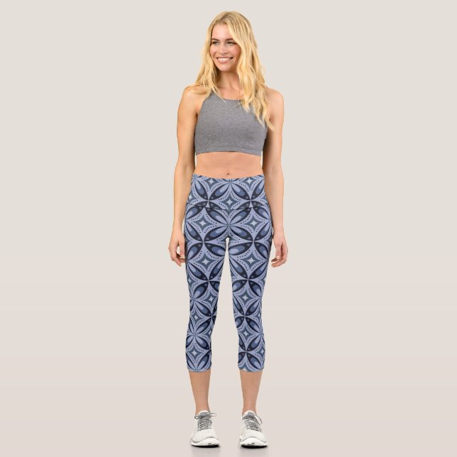 Leggings Capri Patrón geométrico azul estilo retro (Anverso)