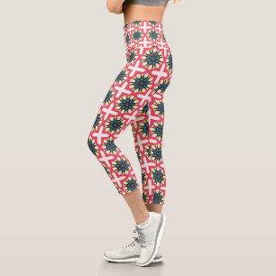 Leggings Capri Patrón geométrico de celosía floral azul rosa