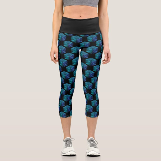 Leggings Capri Patrón geométrico del diamante azul Aqua (Anverso)