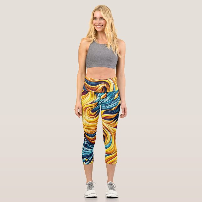 Leggings Capri Patrón Geométrico Del Hielo De Incendio Amarillo (Anverso)