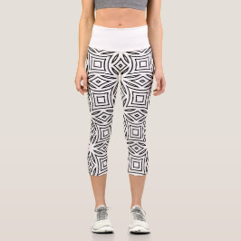 Leggings Capri Patrón geométrico floral en blanco y negro