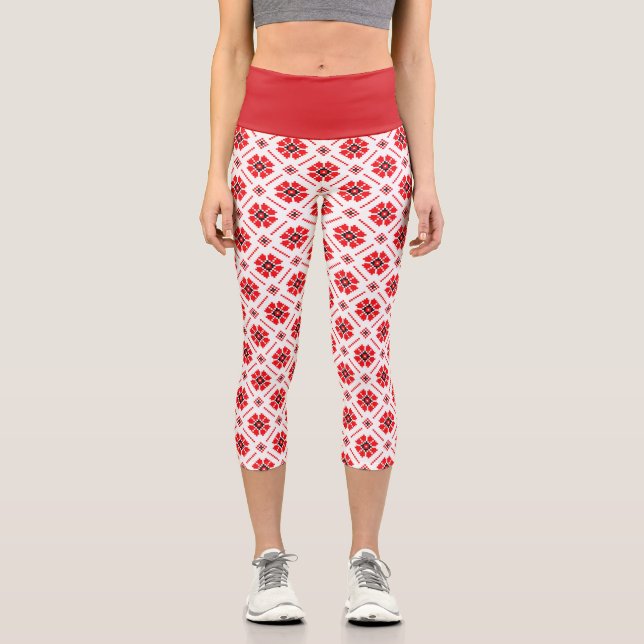 Leggings Capri Patrón geométrico folklórico ucraniano rojo blanco (Anverso)
