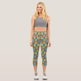 Leggings Capri Patrón geométrico fractal azul y amarillo