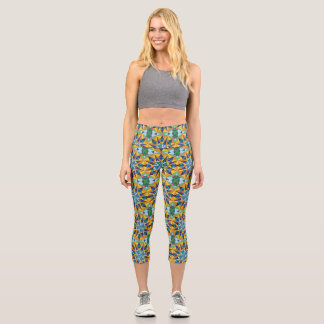 Leggings Capri Patrón geométrico fractal azul y amarillo