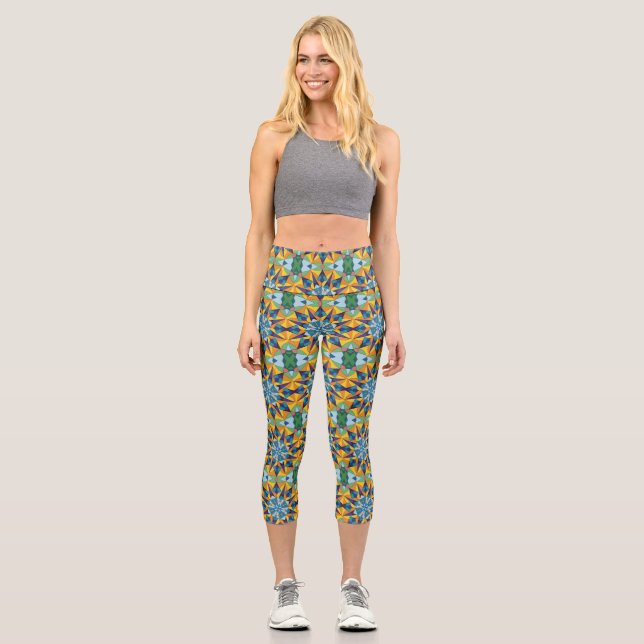 Leggings Capri Patrón geométrico fractal azul y amarillo (Anverso)