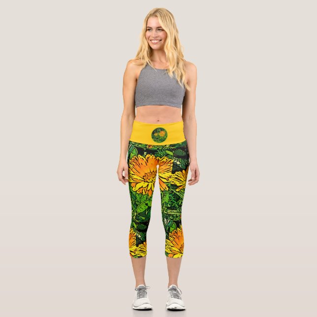 Leggings Capri Patrón giratorio naranja amarillo veraniego (Anverso)