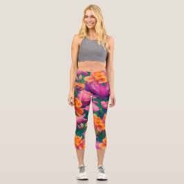 Leggings Capri Patrón hawaiano de flores tropicales