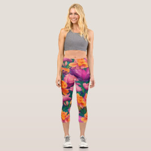 Leggings Capri Patrón hawaiano de flores tropicales