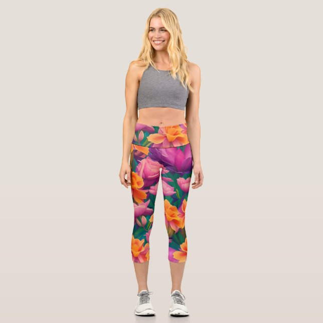 Leggings Capri Patrón hawaiano de flores tropicales (Anverso)