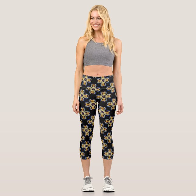 Leggings Capri Patrón interminable de estrella dorada azul (Anverso)