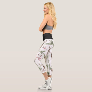 Leggings Capri Patrón Invernal Ciervos Y Agujas De Abeto