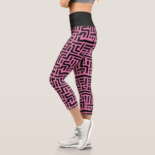 Leggings Capri Patrón Maze de arte pop negro y rosa