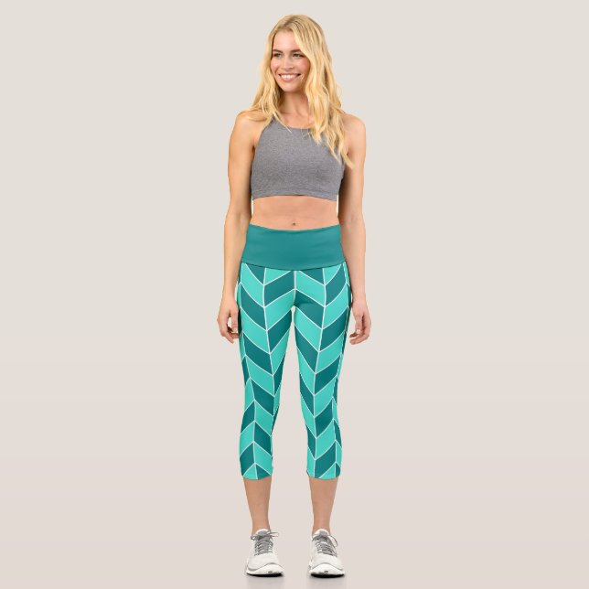 Leggings Capri Patrón moderno Verde azulado Turquesa Herringbone  (Anverso)