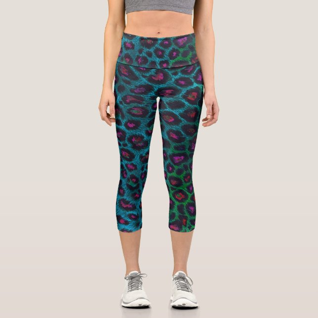 Leggings Capri Patrón Neon-Noir del leopardo de la nieve (Anverso)