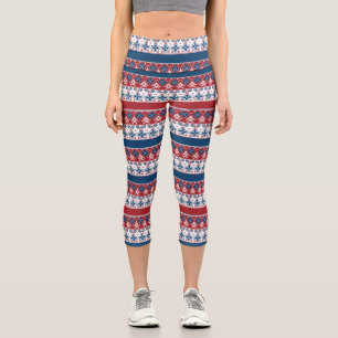 Leggings Capri Patrón noruego de rayas azules rojas