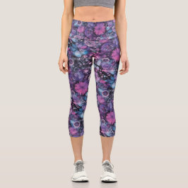 Leggings Capri Patrón Psicodélico Floral Trippy Púrpura
