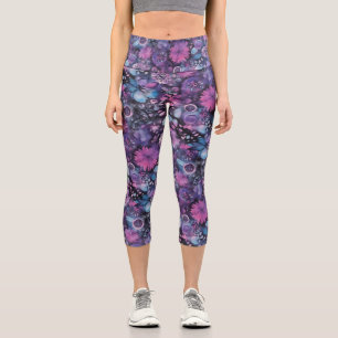 Leggings Capri Patrón Psicodélico Floral Trippy Púrpura