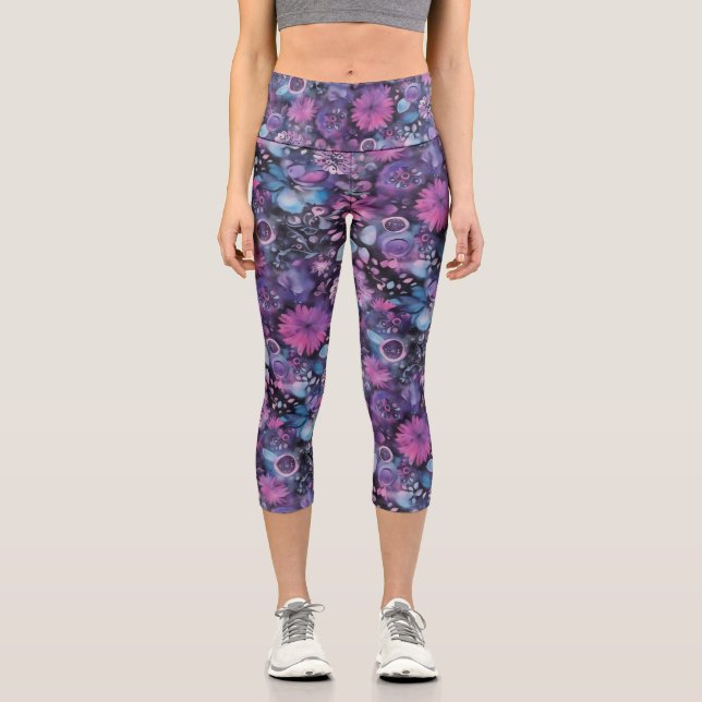Leggings Capri Patrón Psicodélico Floral Trippy Púrpura (Anverso)