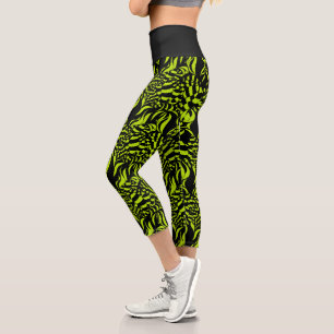 Leggings Capri Patrón Psicodélico Lime Green y Negro