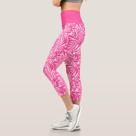 Leggings Capri Patrón Repetidor De Hoja Tropical Blanco Y Rosa