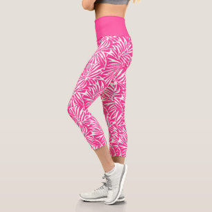 Leggings Capri Patrón Repetidor De Hoja Tropical Blanco Y Rosa