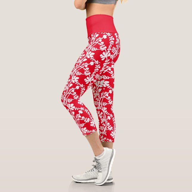 Leggings Capri Patrón Repetidor Floral Rojo Y Blanco (Izquierda)