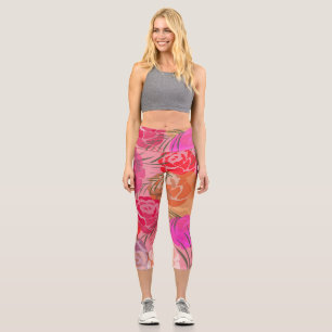Leggings Capri Patrón rosa con flores y plantas