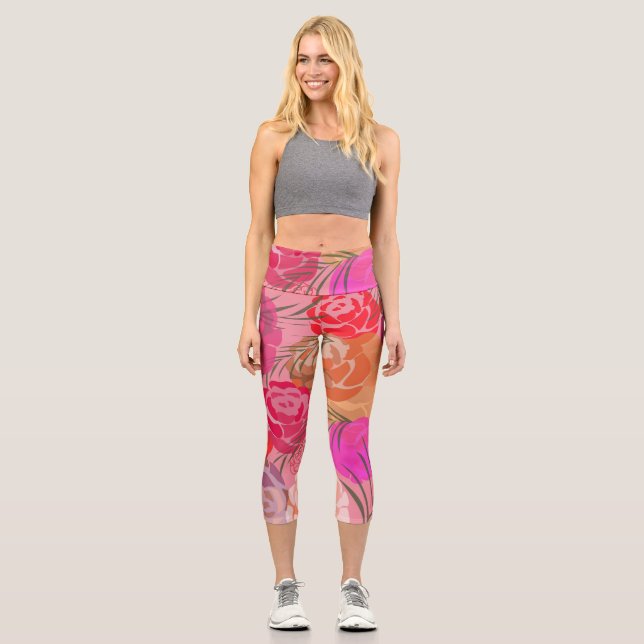 Leggings Capri Patrón rosa con flores y plantas (Anverso)