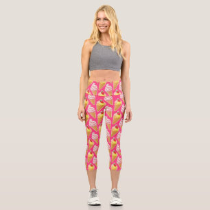 Leggings Capri Patrón rosa de Kawaii con helado de fresa