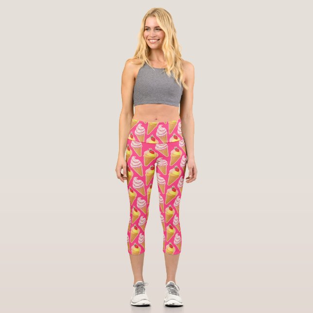 Leggings Capri Patrón rosa de Kawaii con helado de fresa (Anverso)
