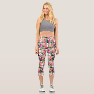 Leggings Capri Patrón Rosa Floral Vintage Rosa Y Púrpura