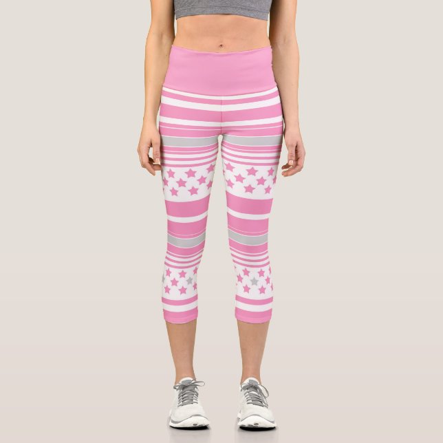 Leggings Capri Patrón rosa rayado con estrellas (Anverso)