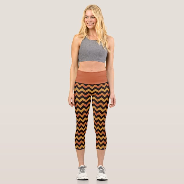 Leggings Capri Patrón Rústico Naranja Amarillo Y Negro Zigzag (Anverso)