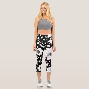 Leggings Capri Patrón simple de la flor negra y blanca sin foco
