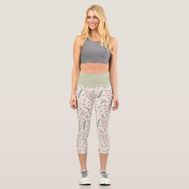 Leggings Capri Patrón simple de Navidades de bayas botánicas (Anverso)