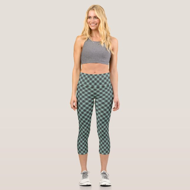 Leggings Capri Patrón simple de tartán en turquesa (Anverso)