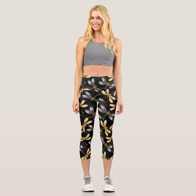 Leggings Capri Patrón sin foco con Dragonflies dorados (Anverso)