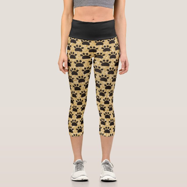 Leggings Capri Patrón sin igual de Black and Gold Paws (Anverso)