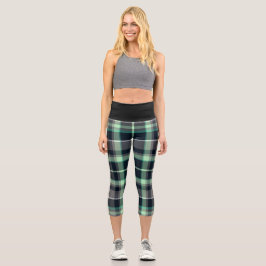 Leggings Capri Patrón Tartán de grapa negra verde