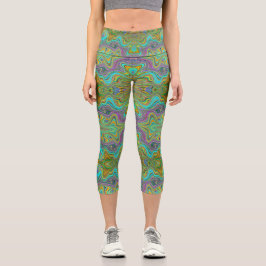Leggings Capri Patrón Trippy azul y Naranja de Wavy Aqua