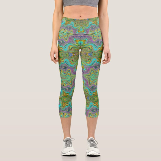 Leggings Capri Patrón Trippy azul y Naranja de Wavy Aqua (Anverso)