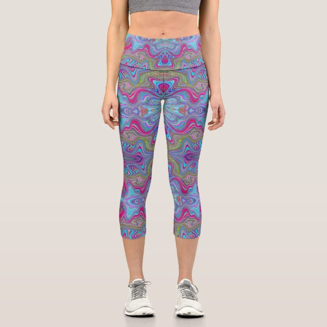Leggings Capri Patrón Trippy multicolor de azul celeste ondulado (Anverso)