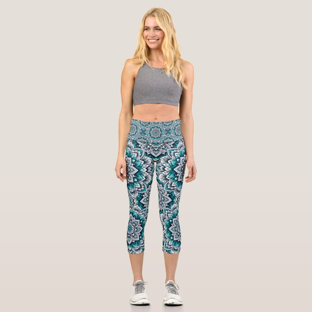 Leggings Capri Patrón verde azulado de mandalas (Anverso)