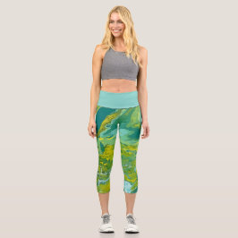 Leggings Capri Patrones ondulados de pintura verde limón y amaril