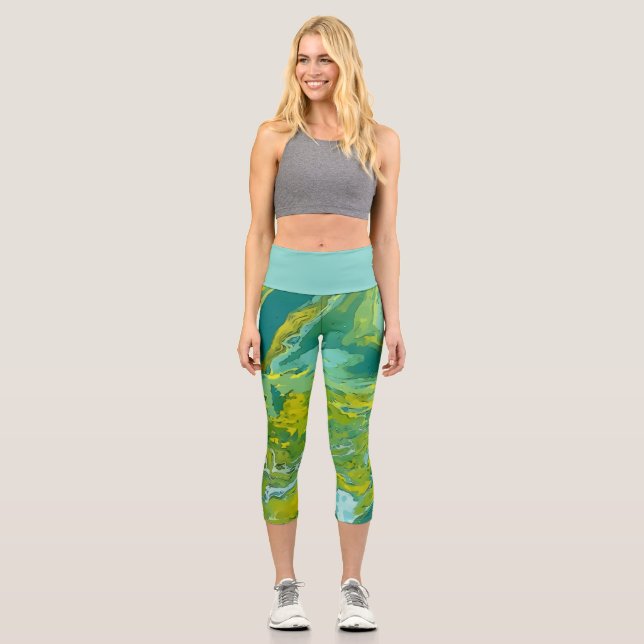 Leggings Capri Patrones ondulados de pintura verde limón y amaril (Anverso)
