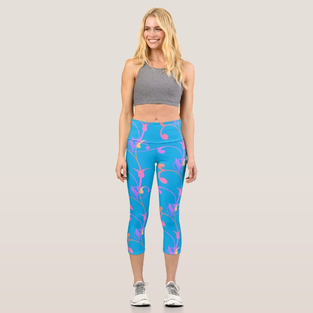Leggings Capri Patrulla floral rosa y azul brillante de moda (Anverso)